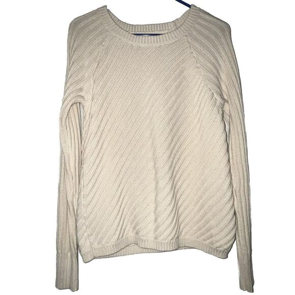 Old Navy Knit Sweater Women’s Sz Medium Ivory Cream Ribbed Knit Cotton Crew Neck - Picture 1 of 9